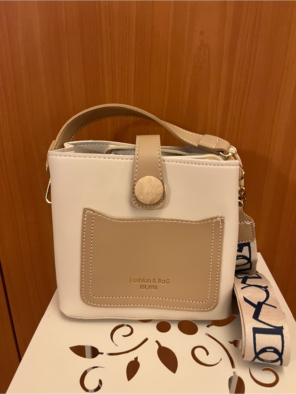 White and Tan Women's Shoulder Bag